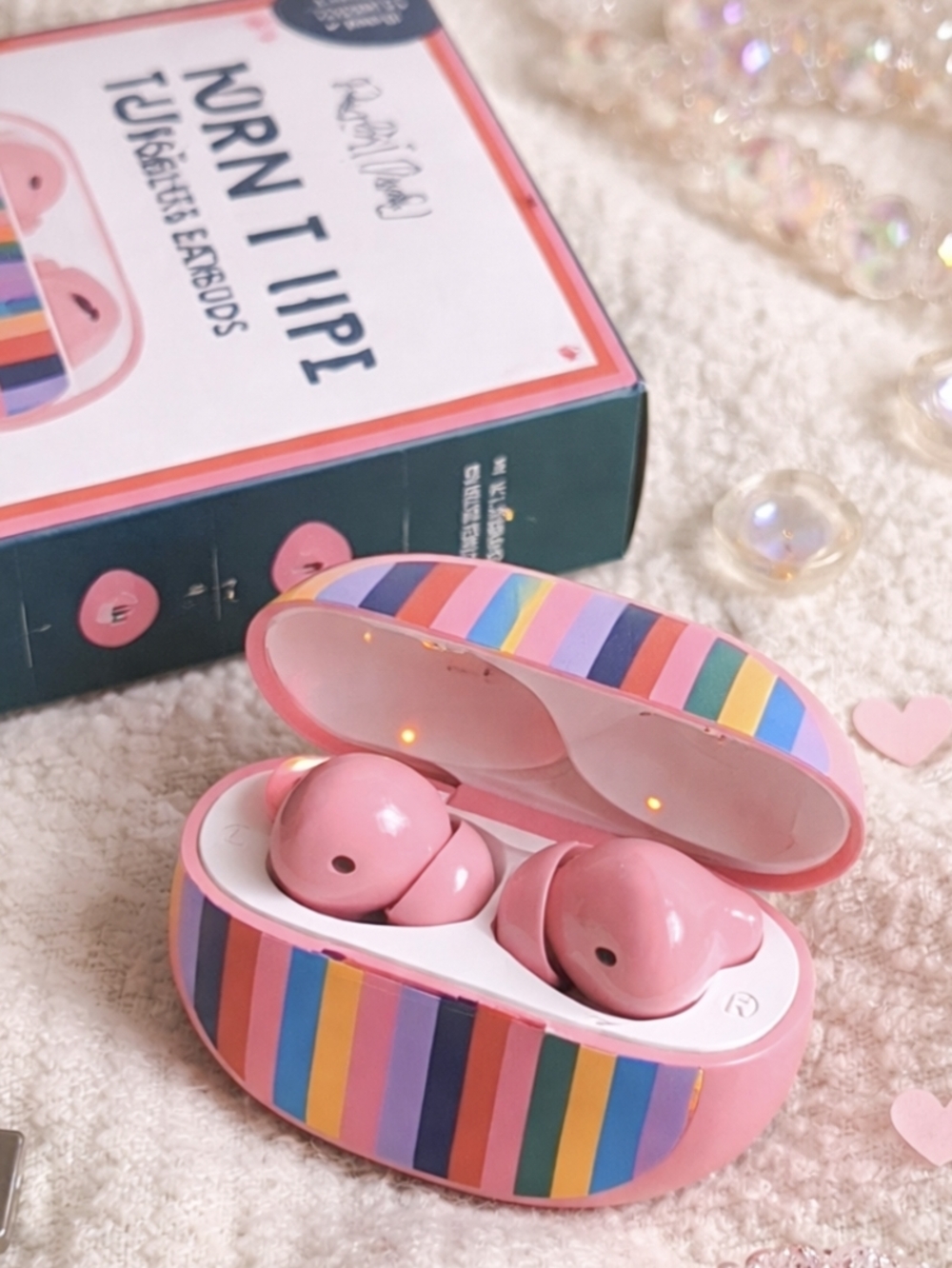 Turn It Up Pink Rainbow Stripe Wireless Earbuds Bluetooth IPX5 Sweatproof